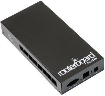 Black aluminum indoor case for MikroTik RB493 series routerboards. Features 3 antenna holes and the MikroTik logo.
