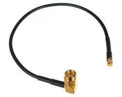 MMCX male 90-degree to SMA male 90-degree 200mm pigtail cable with RG316 coax. Used for connecting antennas.