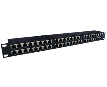 Black Acconet 48 Port RJ45 Patch Panel, 2U. Used for organized network cable management in server racks.