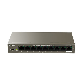 Tenda TEF1109P-8-102W: 9-Port Fast Ethernet desktop switch, 8 ports with PoE for powering devices like IP cameras and phones.