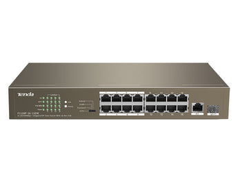 Tenda TEF1118P-16-150W: 16-Port Fast Ethernet PoE switch with one Gigabit RJ45 and one SFP uplink port for connecting IP devices.