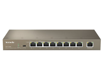 Tenda TEF1109P-8-63W: 9-Port Fast Ethernet switch with 8 PoE ports for powering devices like IP cameras and VoIP phones.