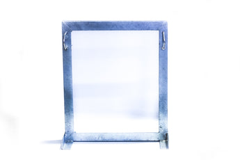 Galvanised square wall mount bracket with 400mm offset and two clamps for 32-60mm poles, providing sturdy wall mounting.