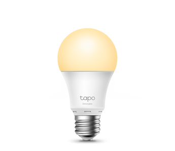 TP-Link Tapo L510E dimmable smart WiFi light bulb emitting a warm, adjustable light. Allows scheduling and remote control.