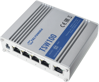Teltonika TSW100: Industrial unmanaged 5-port Gigabit PoE+ Ethernet switch providing power and data connectivity for network devices.