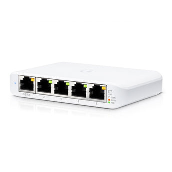 Ubiquiti UniFi Flex Mini USW-Flex-MINI: A small, black 5-port gigabit switch with PoE input and USB-C power option for flexible network deployment.