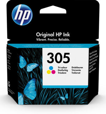 HP 305 Tri-Color Original Ink Cartridge (3YM60AE) for DeskJet 2720, delivering vivid color prints for home and business.