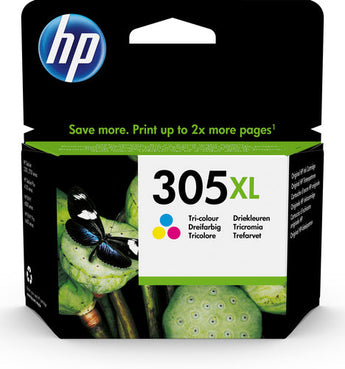 HP 305XL High Yield Tri-Color Original Ink Cartridge (3YM63AE) for HP DeskJet printers. Crisp text and vivid colors.