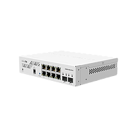 MikroTik CSS610-8G-2S+IN switch. Silver case, 8x Gigabit Ethernet, 2x SFP+ ports. Supports PoE input for flexible power options.