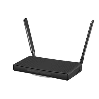 Black MikroTik hAP AC3 desktop Wi-Fi router with dual-band 2.4/5 GHz and five Gigabit Ethernet ports, offering enhanced wireless coverage.