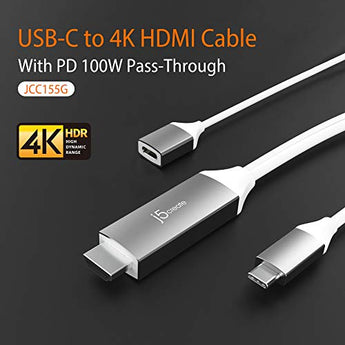 J5create JCC155G USB-C/Thunderbolt 3 to HDMI Cable - 4K 60Hz, 100W PD Pass-Through