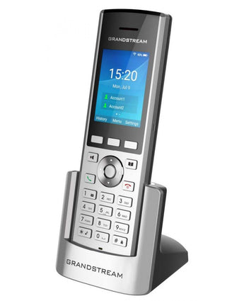 Grandstream WP820 cordless Wi-Fi phone with screen displaying call options. Ideal for business use with long battery life and Bluetooth.
