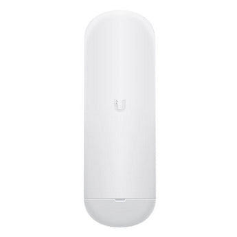 Ubiquiti NanoStation 5AC radio; compact white CPE device with integrated 5GHz 16dBi antenna and POE injector for wireless networking.