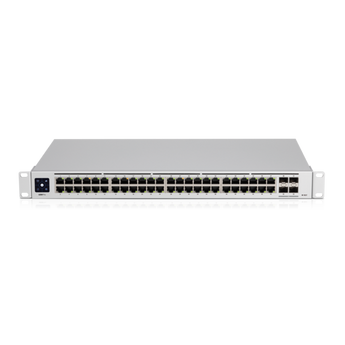 Ubiquiti UniFi USW-Pro-48: 48-port Gigabit switch with PoE++, 10G SFP+ ports, and fanless cooling for professional network setups.
