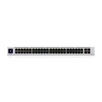 Ubiquiti UniFi USW-48-POE Gen2: 48-port gigabit switch with 32 PoE+ ports, 4 SFP ports, and fanless design for silent operation.