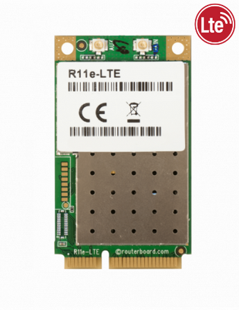 MikroTik R11e-LTE, a compact miniPCI-e card providing 4G LTE connectivity for routers and access points in mobile and remote applications.