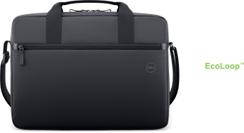 Dell EcoLoop Essential Briefcase 14-16 inch, black, holding a laptop, showing its sleek design