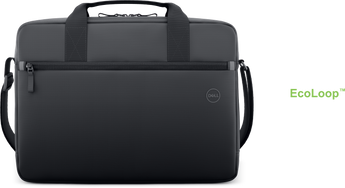 Dell EcoLoop Essential Briefcase 14-16 inch, black, holding a laptop, showing its sleek design