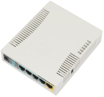 MikroTik RB951Ui-2HnD: 2.4GHz WiFi router with five Ethernet ports, PoE output, USB, and a compact white casing. Ideal for home or office.