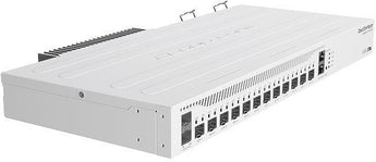 MikroTik CCR2004-1G-12S+2XS router with 12 10G SFP+ ports and 2 25G SFP28 ports, serial and RJ45 connections for versatile networking.