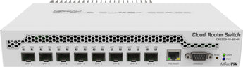 MikroTik CRS309-1G-8S+IN: Desktop switch with eight 10Gbps SFP+ ports, one Gigabit Ethernet port, ARM CPU, dual boot, and PoE input.