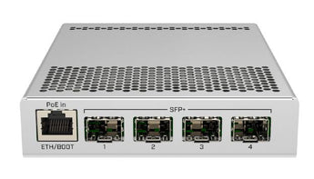 MikroTik CRS305-1G-4S+IN Cloud Router Switch with four SFP+ ports and one Gigabit Ethernet port providing 10Gbit speeds.