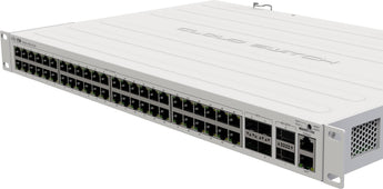 MikroTik CRS354-48G-4S+2Q+RM: 48 port Gigabit switch with 4 SFP+ and 2 QSFP+ ports in a rackmount design for high-speed networking.