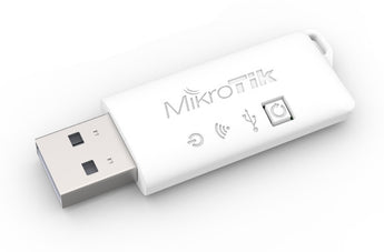 MikroTik Woobm USB stick plugged into a RouterBOARD, enabling wireless out-of-band network management and terminal access.