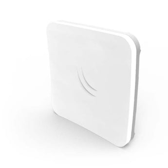 MikroTik SXTsq Lite5 outdoor CPE. A compact, square-shaped wireless device with a 16dBi antenna for point-to-point connections.