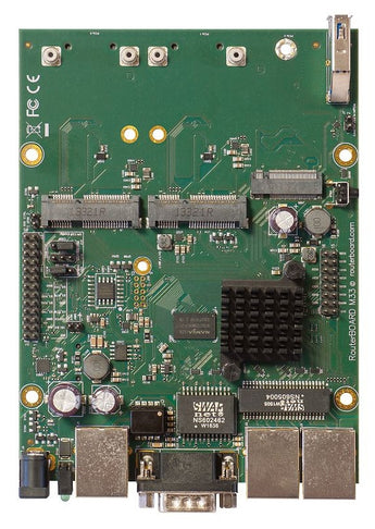 MikroTik RouterBOARD M33G with 3 Gigabit LAN ports, two miniPCIe slots, dual SIM slots, USB 3.0, and PoE input.