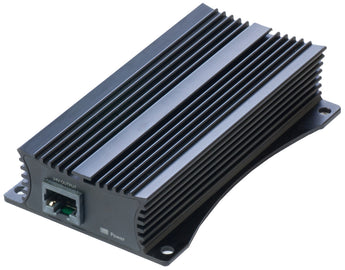 MikroTik MT-RBGPOE-4824 PoE converter, black rectangular casing with Gigabit Ethernet ports, converting 48V to 24V for PoE devices.
