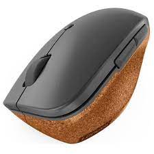 Lenovo Go Wireless Vertical Mouse featuring ergonomic cork design, promoting a natural handshake position for comfortable use.