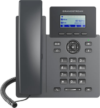 Grandstream GRP2601P, a black 2-line IP desk phone with a display screen and physical dial pad, designed for business communication.