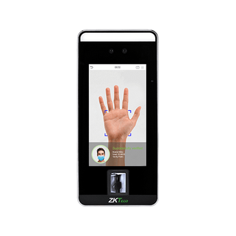 ZKTeco SpeedFace V5: Biometric access control terminal with facial, fingerprint, palm, and RFID reader for indoor security.