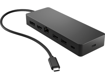 HP Universal USB-C Multiport Hub providing multiple ports for enhanced laptop connectivity.