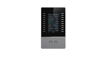 Grandstream GBX20 expansion module with 4.3" color display showing multiple line extensions, designed for GRP26xx and GXV3350/3450 phones.