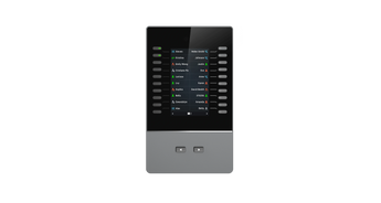 Grandstream GBX20 expansion module with 4.3" color display showing multiple line extensions, designed for GRP26xx and GXV3350/3450 phones.