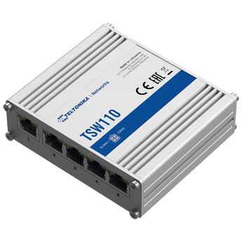 Teltonika TSW110, a compact, unmanaged 5-port L2 Ethernet switch for industrial applications. Provides fast and reliable network connectivity.