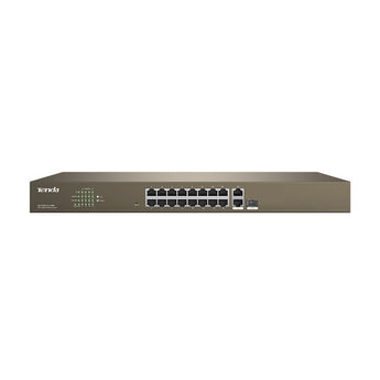 Tenda TEF1218P-16-250W: 16-Port Fast Ethernet PoE switch providing power and data to IP cameras, phones, and access points.