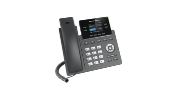 Grandstream GRP2612P, a black 2-line carrier-grade IP desk phone with PoE, featuring a color LCD screen and multiple function keys.