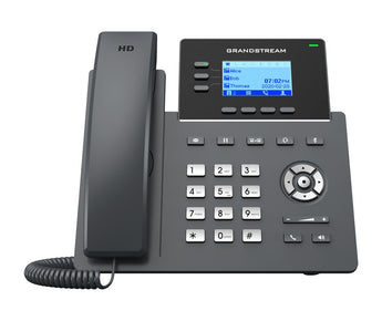 Grandstream GRP2603P: A black, three-line Gigabit IP desk phone with PoE, designed for business communication. Features a clear display screen and multiple function keys.