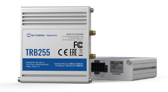 Teltonika TRB255, a compact industrial IoT gateway with dual SIM slots, LTE antennas, and Ethernet ports, enabling robust remote data connectivity.
