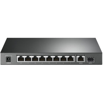 TP-Link TL-SG1210P: 10-port Gigabit desktop switch with 8 PoE+ ports. Black metal housing with ports for network and power.