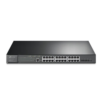 TP-Link Jetstream TL-SG3428XMP: 24-Port Gigabit PoE+ switch with 4 10GE SFP+ slots for high-speed network connectivity and Omada SDN support.