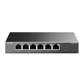 TP-Link TL-SF1006P: Desktop switch with 6 RJ45 ports, 4 supporting PoE+ for powering devices over Ethernet.
