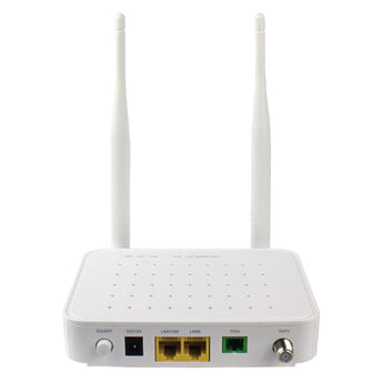 BDCOM xPON ONU/ONT. White casing. Features 1 RF port, 1 Gigabit Ethernet port, and 300Mbps wireless for home internet connectivity.