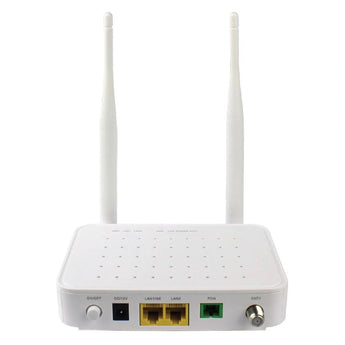 BDCOM xPON ONU/ONT. White casing. Features 1 RF port, 1 Gigabit Ethernet port, and 300Mbps wireless for home internet connectivity.