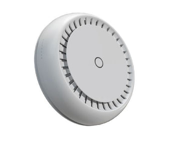 Mikrotik cAP AC XL: A white, round ceiling-mounted Wi-Fi 5 access point with dual-band 1200Mbps for enhanced wireless coverage.