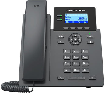 Grandstream GRP2602P: A black, 2-line VoIP desk phone with a display screen and multiple function buttons for easy call management.