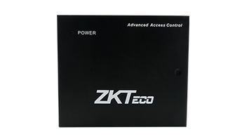 ZKTeco metal enclosure with power supply for InBio access control panels. Includes key lock, LED indicators, and 12VDC 3Amp power supply.